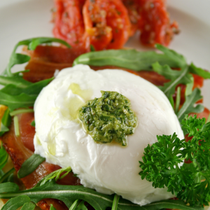 POTATO FRY SALAD WITH PESTO AND POACHED EGG